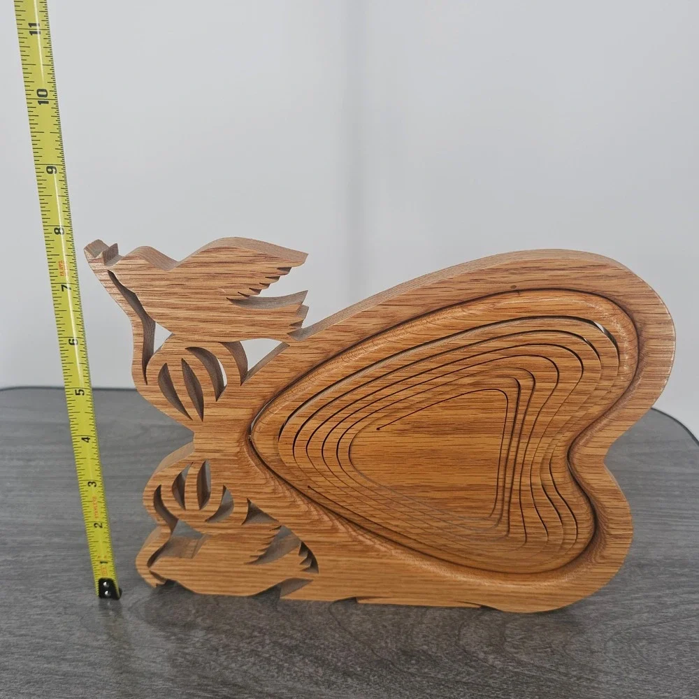 Handcrafted Collapsible Wooden Heart Fruit Basket Bird Motif Trivet Bowl